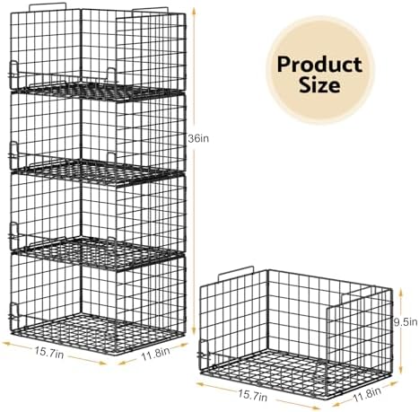 4-Tier Stackable Closet Organizers and Storage Basket - Foldable Closet Shelf Organizer System, Sturdy Metal Space-Saving Clothes Storage Bins for Wardrobe, Black