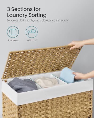 SONGMICS Rolling Laundry Hamper with Lid, 160 L 3-Section Synthetic Rattan