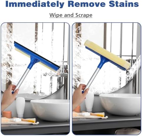 Professional Window Squeegee,2 in 1 Squeegee Window Cleaner with Long Stainless Steel Handle,Sponge Car Window Squeegee for Gas Station, Glass,Shower,Outdoor High Window Cleaning (Expansion Payment)