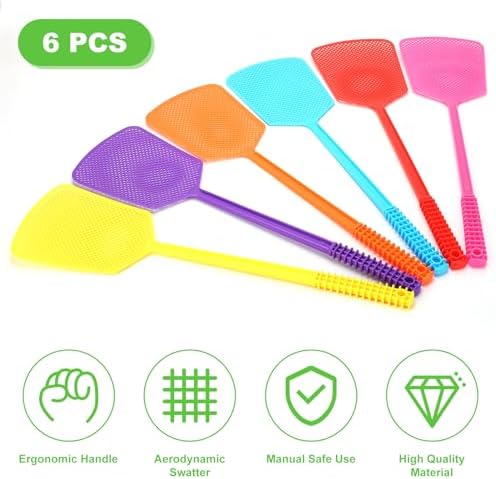 Fly Swatter,Plastic Flyswatters Multi-Pack,6 Bulk Vibrant Colorful Fly Killer,Long Handle Bug Swatter for Indoor and Outdoor