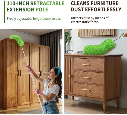 Cobweb Duster with Extension Pole, Washable Cleaning Duster Set with 2 Duster Heads, Corner Brush, 15-110-Inch Telescoping Pole for high Ceiling Fans, Long Duster for high Ceilings，Spider Web Brush