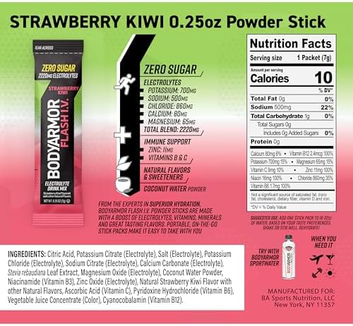 BODYARMOR Flash IV Electrolyte Packets, Strawberry Kiwi - Zero Sugar Drink Mix, Single Serve Packs, Coconut Water Powder (15 Count)