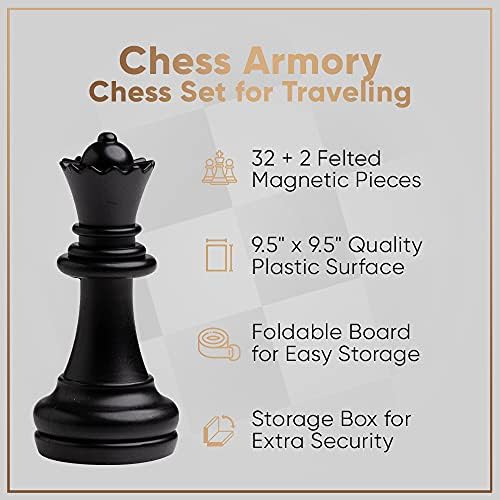 Chess Armory Magnetic 9.5 Inches Travel Chess Set - Folding Board with Storage Box & 2 Extra Queen.