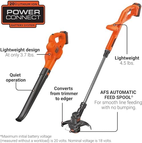 BLACK+DECKER 20V MAX Weed Eater, Edger and Sweeper Combo, Includes 2 Batteries and Charger, Cordless Electric Weed Wacker and 130 Mph Hard Surface Leaf Blower, 10 in. (LCC222)