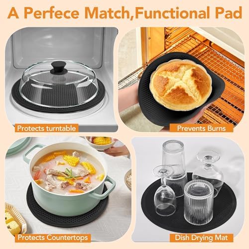10inch Glass Microwave Splatter Cover for Food with Silicone Mat – Heat Resistant Plate Splatter Guard Lid with Vent Holes & Easy-Grip Handle – BPA Free, Dishwasher Safe