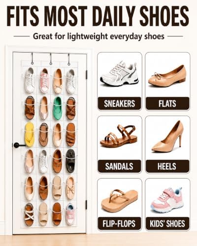 Over-the-Door Shoe Organizer with 24 Crystal Clear Pockets, White