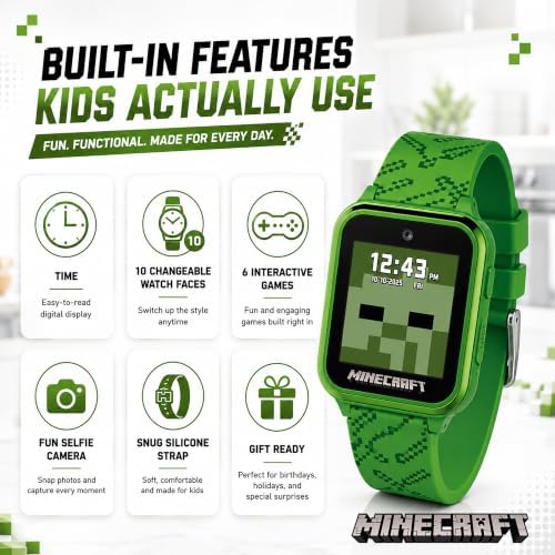 Minecraft Kids Smart Watch – Touchscreen Interactive Watch with 10 Customizable Clock Faces, Built-in Camera, Video Recorder, Alarm, Calculator, Games & Pedometer – Fits Wrists 5.5" to 8"