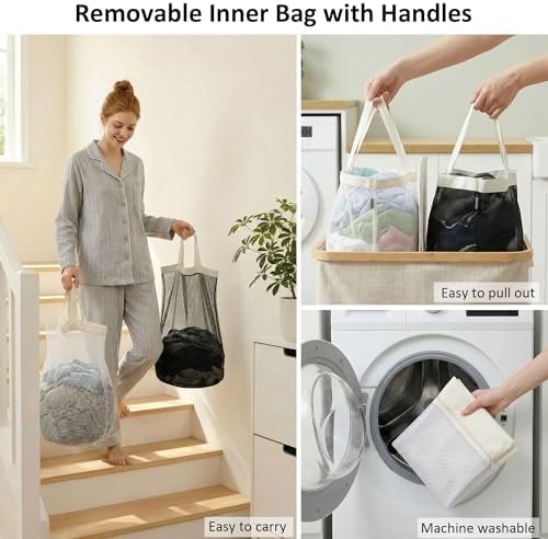 efluky Double Laundry Hamper with Lid and 2 Removable Bags, Beige
