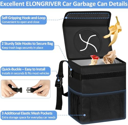 ELONGRIVER Leak Proof Car Trash Can with Lid Black