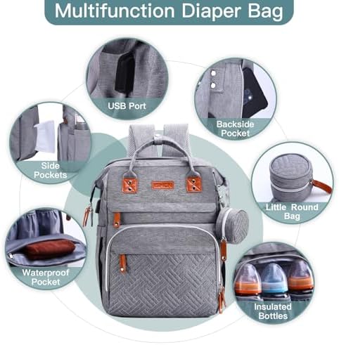ISMGN Diaper Bag Backpack with Changing Station, Baby Bag for Mom, Grey