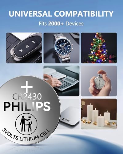 PHILIPS CR2430 3V Lithium Button Cell Battery 5 Pack, 10 Year Shelf Life, Stable Discharge, Child Resistant Packaging Works with Key Fob & Household Electronics