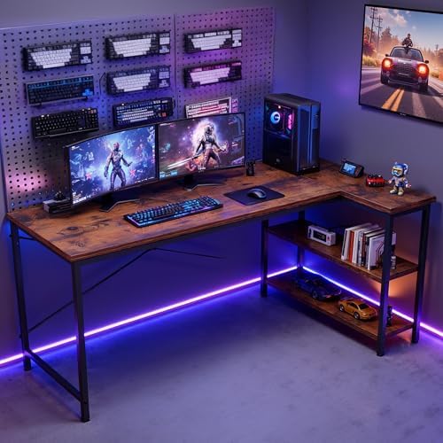 DUMOS 47" L Shaped Computer Desk, Corner Desks with Storage Shelves, Brown