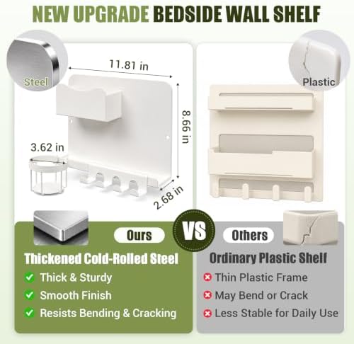 Floating Bedside Wall Shelf, Metal Bedside Wall Organizer with Detachable Cup Holder, No Drill Wall Mounted Storage for Bedroom, Dorm, Loft Bed, Bunk Bed & Small Space Organization