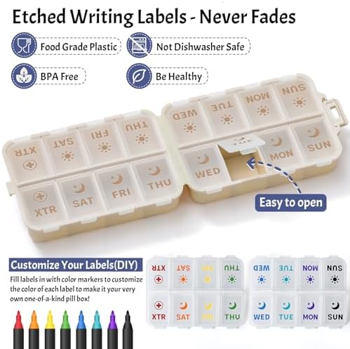 Compact & Foldable Weekly Pill Organizer 2 Time a Day, 7-Day AM PM Pill Box