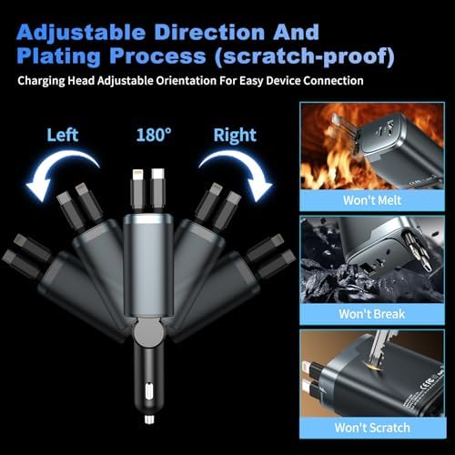 84W Retractable Car Charger, 4-in-1 Car Charger USB C Fast Charge Adapter