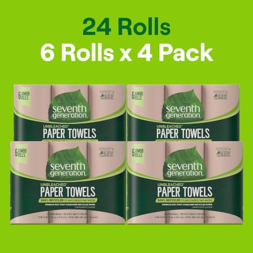 Seventh Generation Unbleached Paper Towels, 100% Recycled Paper, 6 Count, Pack of 4