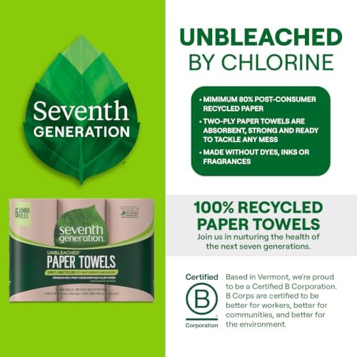 Seventh Generation Unbleached Paper Towels, 100% Recycled Paper, 6 Count, Pack of 4