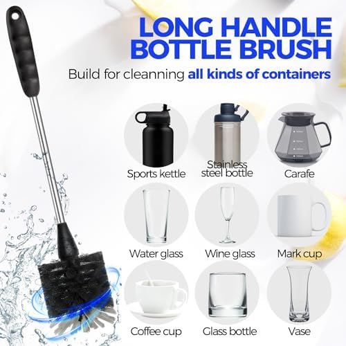 Holikme 4 Pack Bottle Brush 14" Stainless Steel Straw Cleaner Brush,Black