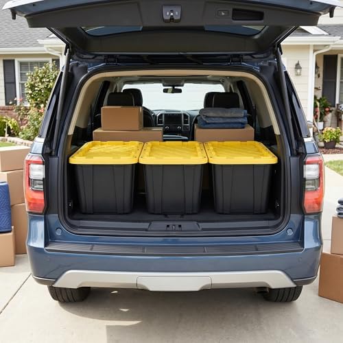 6 Pack 27 Gallon Heavy Duty Storage Bins with Snap Lids, Durable Plastic Storage Totes with Stackable Black Containers & Yellow Latching Covers for Home Garage Moving Organization