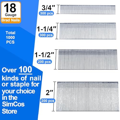18 Gauge Brad Nails 4 Sizes (2",1-1/2",1-1/4",3/4"),1000-Pack