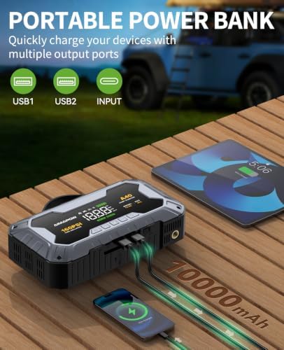 8000A 160PSI Jump Starter with Air Compressor, 12V Car Battery Jump Starter Power Bank(All Gas/12L Diesel), Car Starter with LED Flashlight, Force Start, Jump Pack with Jump Leads