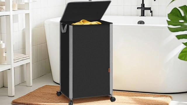 STORAGE MANIAC Rolling Laundry Hamper with Lid, 23.7 Gal (90 L) Large Tall Laundry Basket with Wheels & Handles, Aesthetic Dirty Clothes Hamper for Small Space, Dorm, Apartment, College, Black