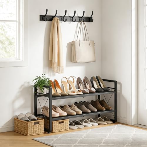 ELYKEN Expandable Shoe Rack for Closet, 2-Tier Metal Black Shoe Organizer