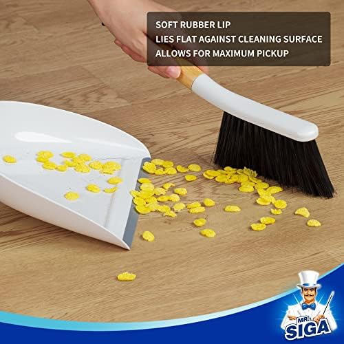 MR.SIGA Dustpan and Brush Set, Bamboo Handle, White, 1 Set