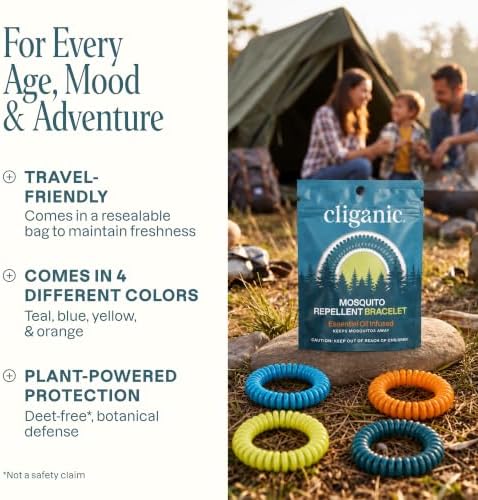 Cliganic Mosquito Repellent Bracelets for Kids & Adults, Natural, 10 Pack