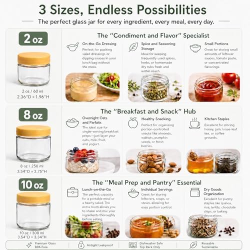 EONJOE 2 oz Glass Dressing Containers With Lids, Sauce Jars for Lunch, 6pk