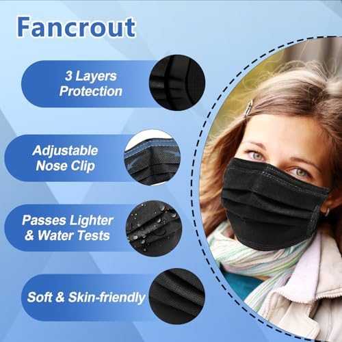 100Pcs Black Disposable Face Mask,3 Ply Masks with Soft Ear loops