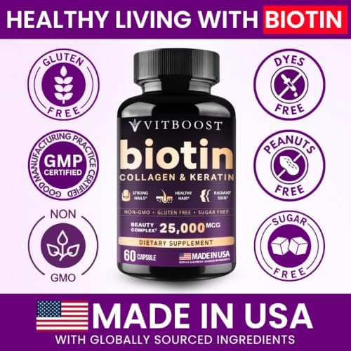 VITBOOST Biotin with Hyaluronic Acid, Collagen and Keratin - 60Ct, 25000mcg