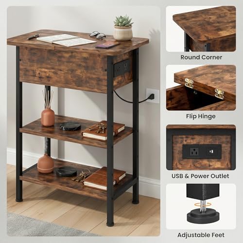 GRUSIGN End Table with Charging Station, Flip Top Side Table with USB Ports and Outlets, 3-Tier Small Side Table with Storage for Small Space, End Tables for Living Room/Bedroom, Rustic Brown