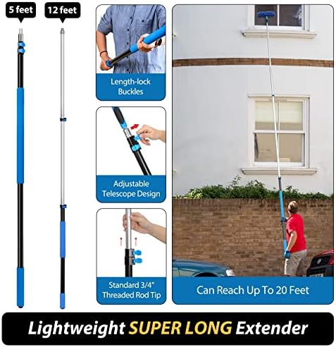 20 Feet High Reach Duster Kit with 5-12 Ft Extension Pole, Cobweb Duster with Telescoping Pole, Window Squeegee with Scrubber, Spider Web Brush, High Ceiling Fan Duster for High Window, Interior Roof