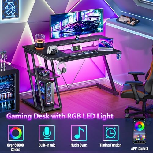 Korfile 40 Inch Gaming Desk with Power Outlet, LED, Carbon Fiber Black