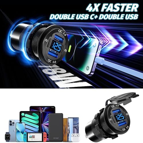 1 Pack 12V USB Outlet, Waterproof Marine USB Port with Voltmeter