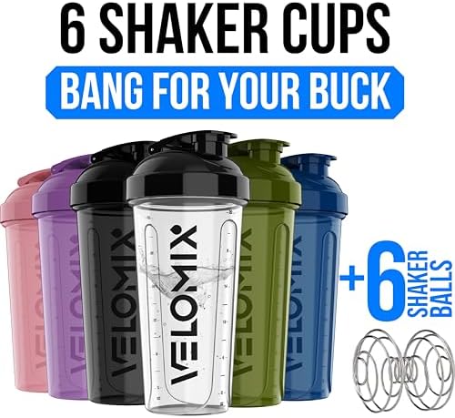 VELOMIX 6 Pack 28oz Shaker Cups for Protein Shakes, Blacks to Transparent