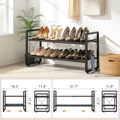 ELYKEN Expandable Shoe Rack for Closet, 2-Tier Metal Black Shoe Organizer