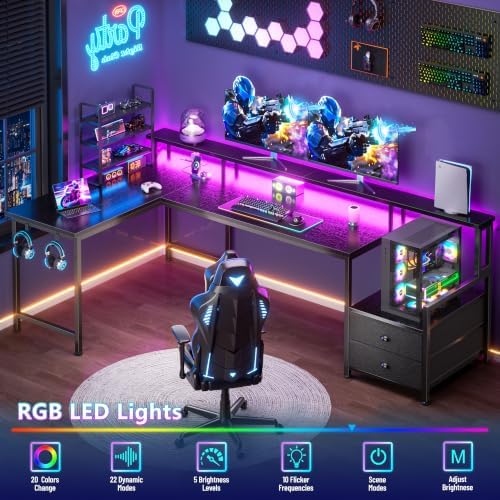 Korfile 66'' L Shaped Gaming Desk with Storage Drawers, Power Outlets, LED