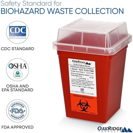 Oakridge Products Sharps Container for Home Use and Professional 1 Quart (3-Pack), Biohazard Needle and Syringe Disposal, Small Portable Container for Travel, CDC Certified