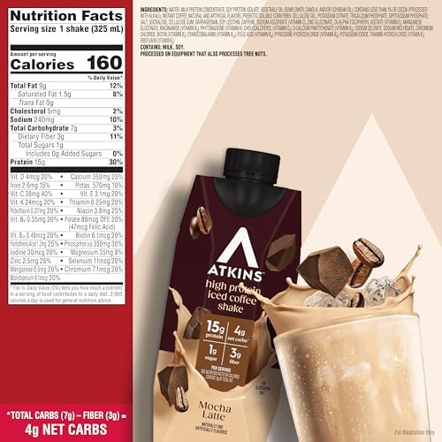 Atkins Mocha Latte Iced Coffee Flavored High Protein Shake, 12 Count