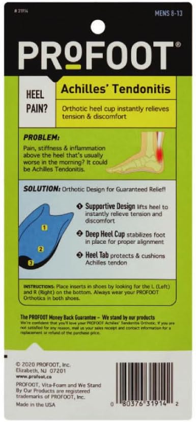 PROFOOT Achilles Tendonitis Orthotic Heel Cup for Men (Sizes 8-13) - Pain Relief Shoe Inserts for Heel Support & Alignment - 1 Pair