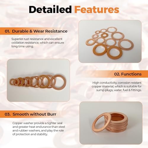 325 PCS Crush Copper Washers Assortment Kit; 10 Size Flat Sealing Copper Washers (M5-M14) for Electronic, Automotive, Motorcycles, Marine and Mechanical Use
