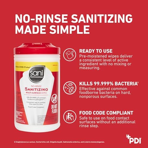 PDI Sani-Professional Sanitizing Wipes, No-Rinse Multi-Surface Cleaning for Food Contact Surfaces, Kitchens, Restuarants Tables, 95 Large 7.75" x 9" Count per Canister, Pack of 6