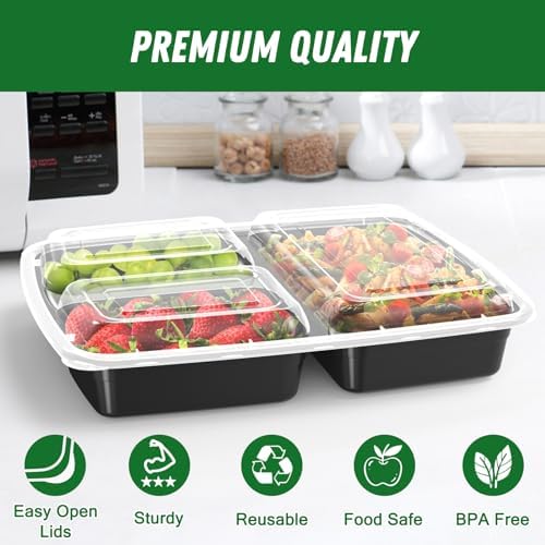 Dealusy 50 Pack 32 oz Meal Prep Containers with Lids 3-Compartment, Black