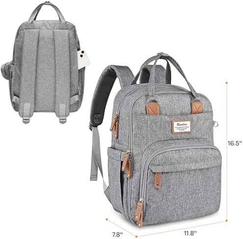 RUVALINO Diaper Bag Backpack-Multifunction Travel Baby Diaper Bag with Changing Pad, Insulated Bottle Holders & Pacifier Case, Large Capacity, Waterproof, Gray