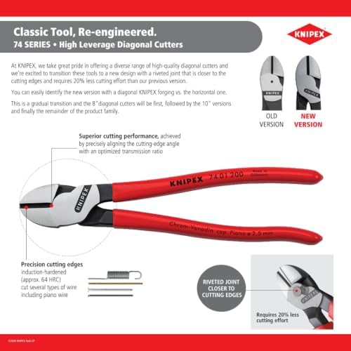 KNIPEX 74 22 200 Comfort Grip High Leverage Angled Diagonal Cutter, 8-Inch, Angled, Comfort Grip