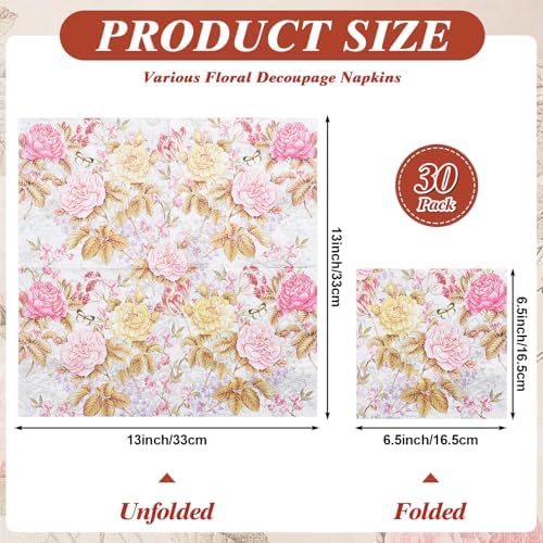 NatNarr 30 Pack Decoupage Napkins, 30 Styles Vintage Floral Napkins