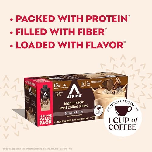 Atkins Mocha Latte Iced Coffee Flavored High Protein Shake, 12 Count