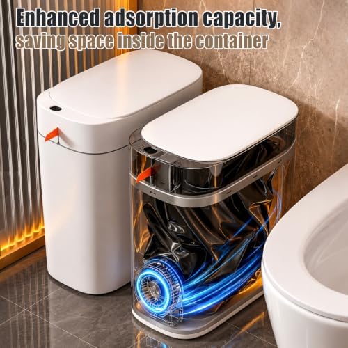MOPUP Bathroom Trash Can, Automatic Bagging Garbage Can, 3.5 Gallon Slim Smart Small Plastic Trash Bin, Narrow Motion Sensor Trash Can for Bedroom, Office White